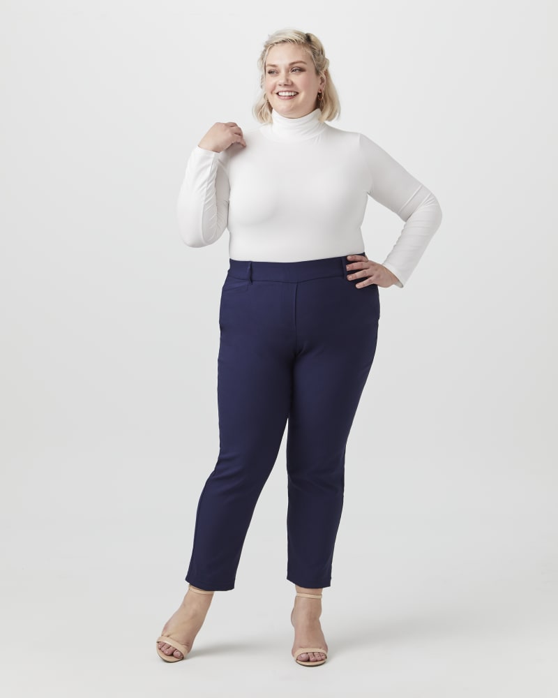 Plus size model with rectangle body shape wearing Coventry Petite Straight Leg Work Trouser by Prescott New York | Dia&Co | dia_product_style_image_id:150558